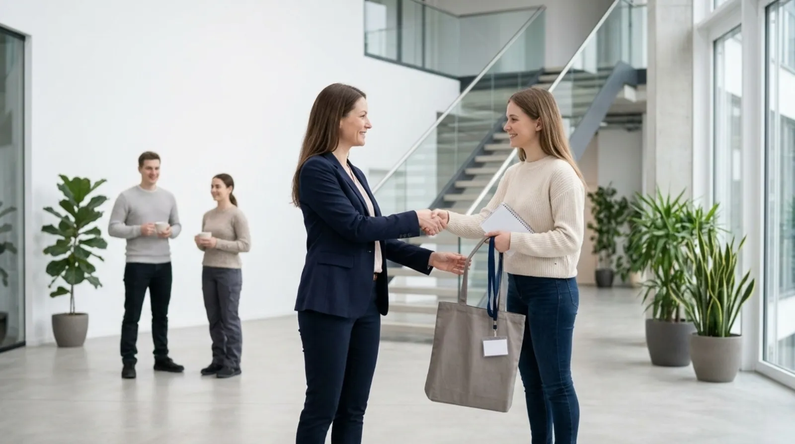 Ausbilderin begrüßt eine neue Auszubildende per Handschlag am ersten Tag