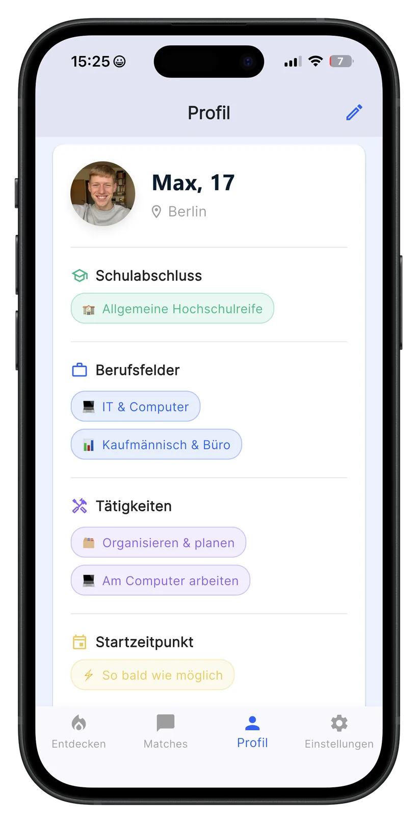 Dein Profil mit Schulabschluss und Berufsfeldern